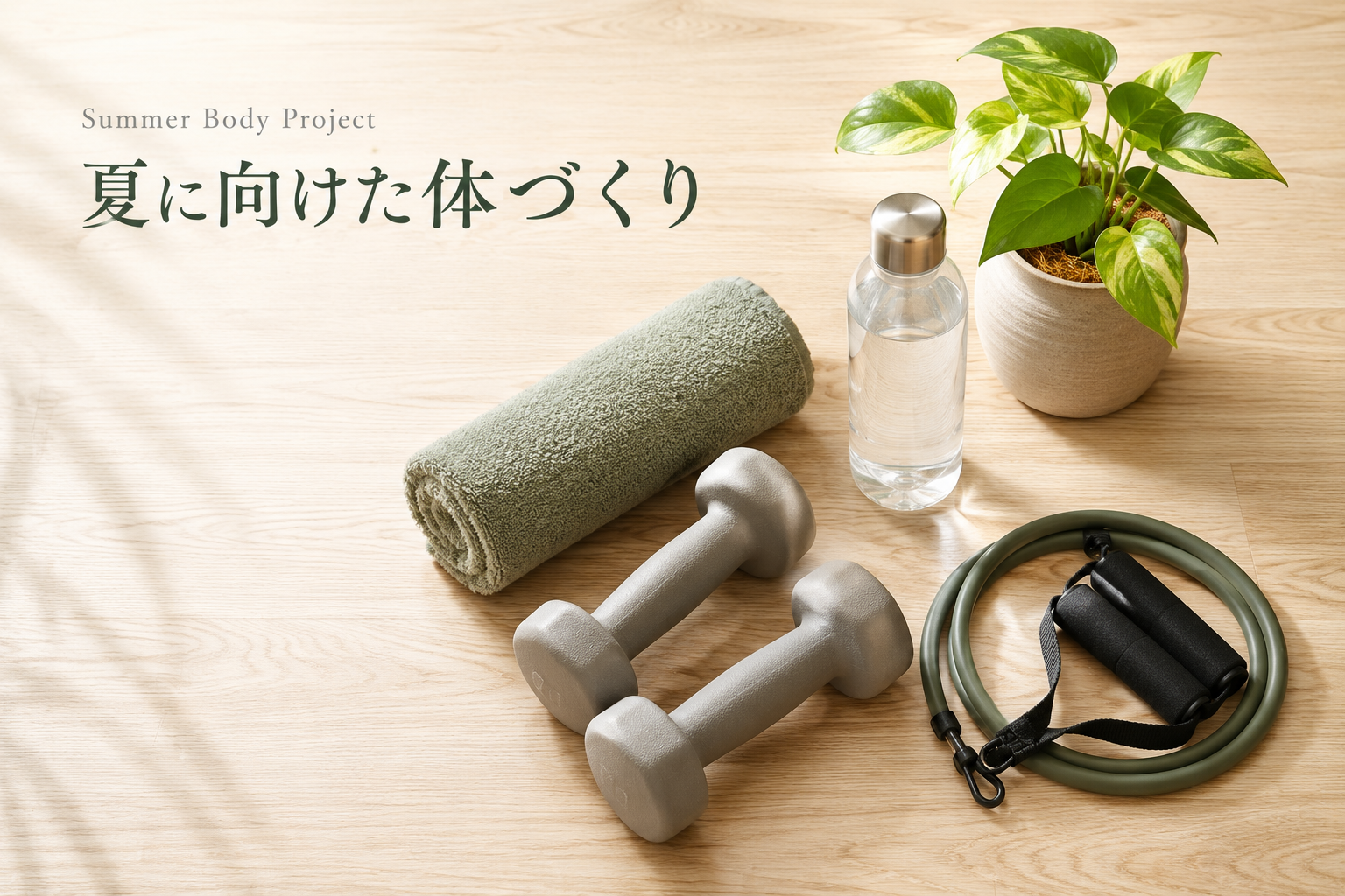 夏に向けた体づくりのトレーニングアイテム（ダンベル・タオル・水ボトル）