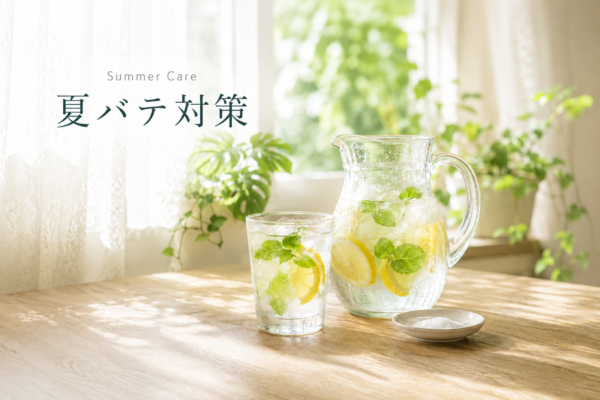 夏バテ対策の水分補給イメージ|レモンとミントの入った水とピッチャー、塩の小皿