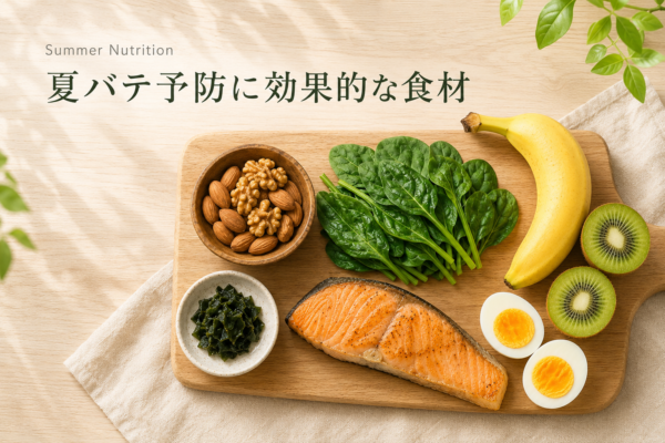 夏バテ予防に効果的な食材|鮭・卵・ナッツ・ほうれん草・バナナ・キウイ・わかめ