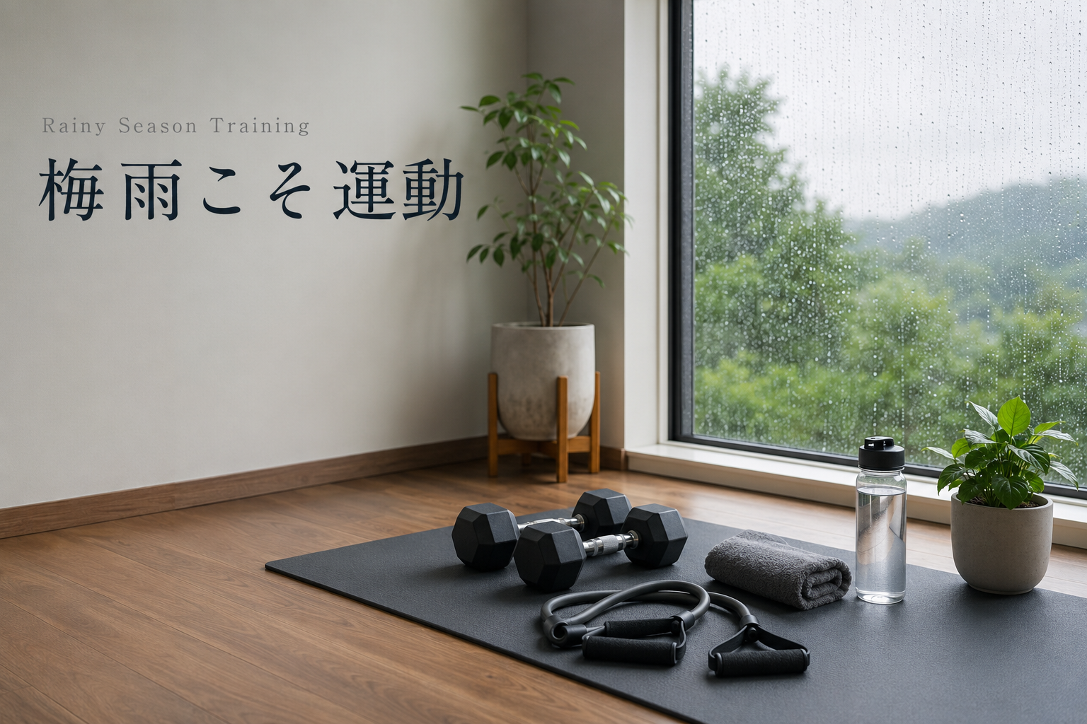 梅雨の室内トレーニングイメージ｜ヨガマットとダンベル、雨の窓