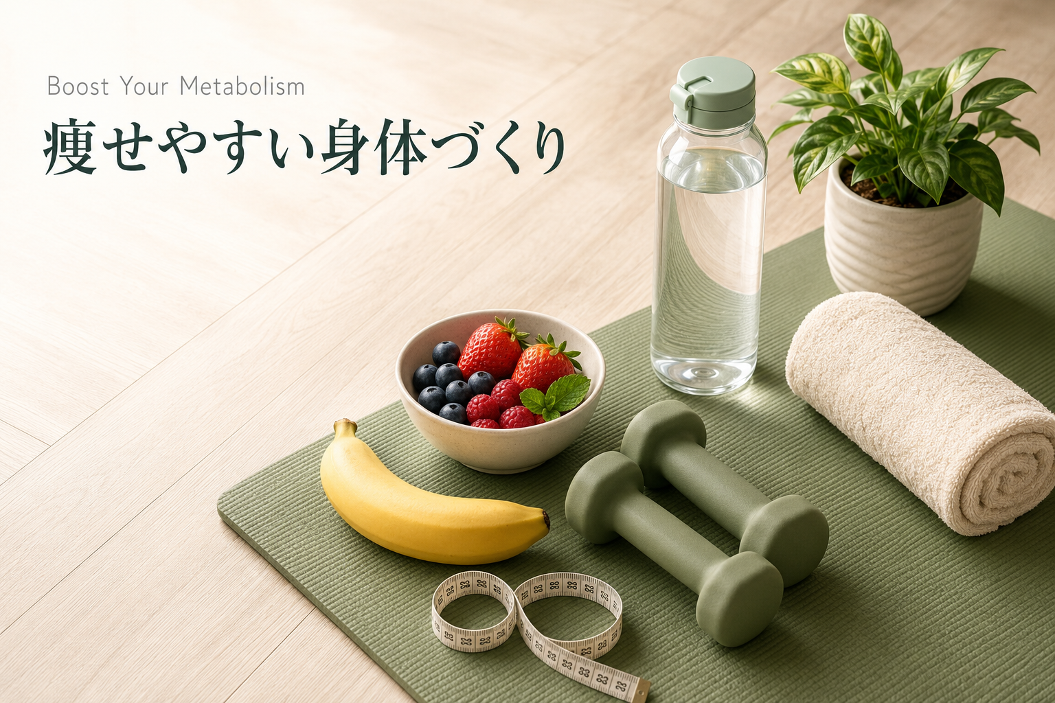 痩せやすい身体づくりのイメージ（ダンベル・ヘルシーなフルーツ・水）